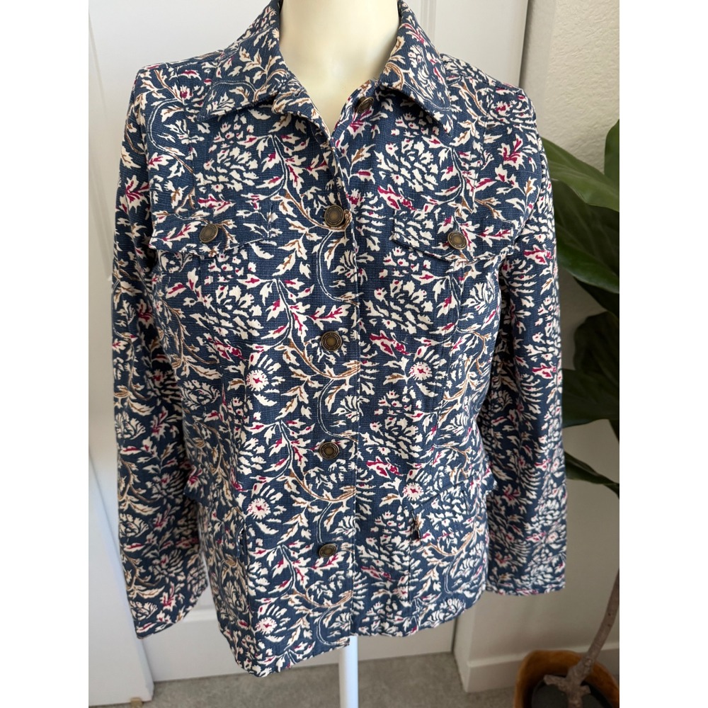 Charter Club Petite Navy Floral Utility Jacket Button Front Cotton Blend PS